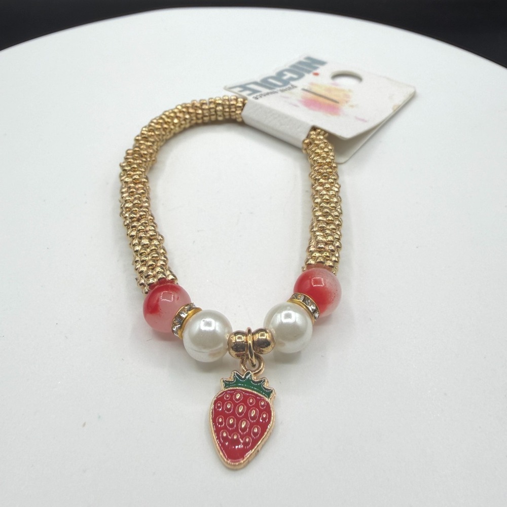Nicole Strawberry Charm Gold Tone Beaded Stretch Bracelet Faux Pearl Fruit Gift